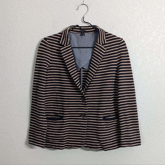 J.Crew Woman Maritime Blazer Jacket Black Tan Striped Button Front Collared M - Picture 2 of 11